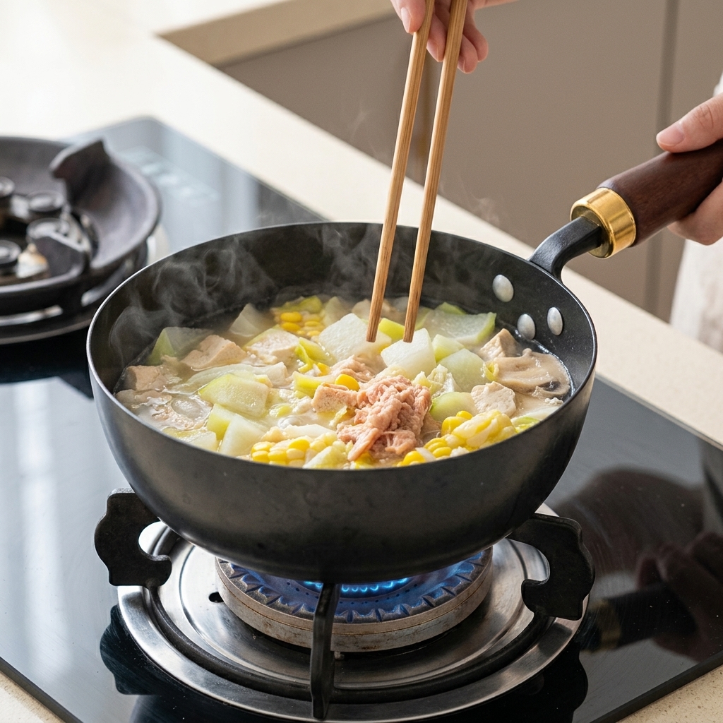 Une marmite noire sur la cuisinière remplie de tofu, légumes et thon, avec du kimchi et du piment ajoutés au bouillon.