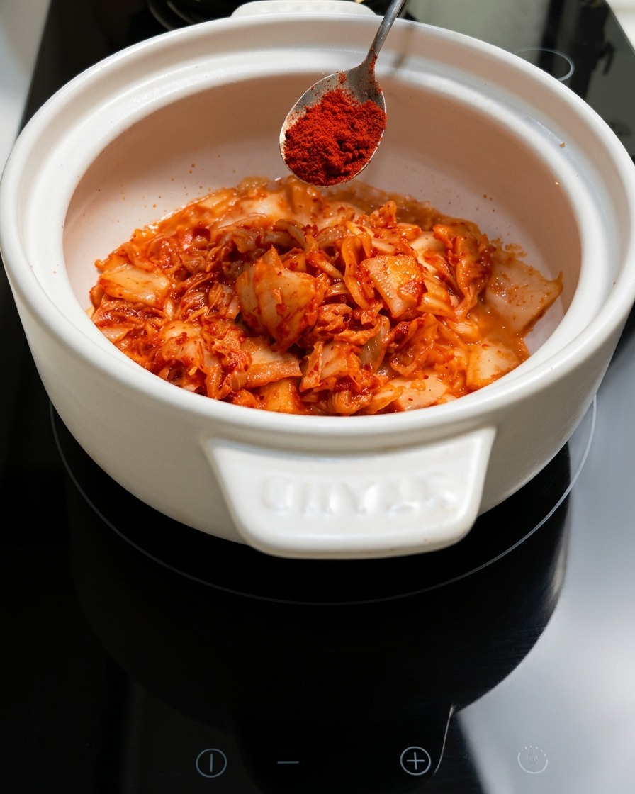 Une cuillerée de poudre de piment est ajoutée au kimchi poêlé dans la marmite.