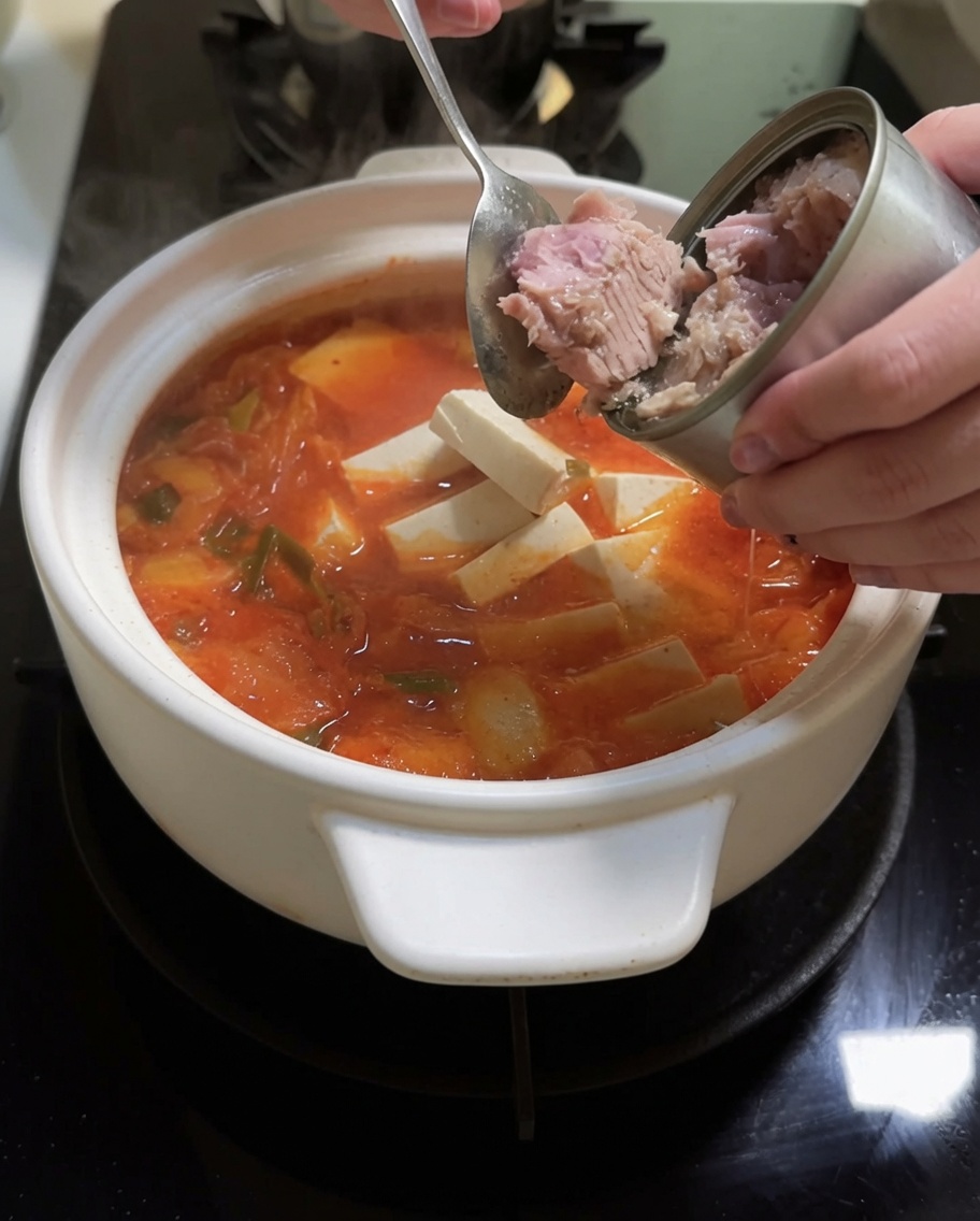 Des cubes de tofu frais et des morceaux de thon en conserve frémissent dans le bouillon épicé au kimchi.