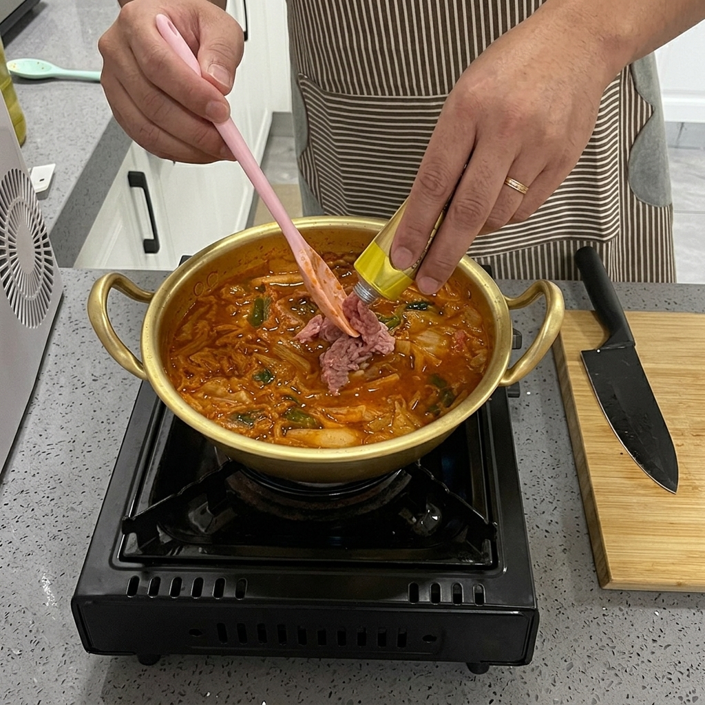 Des morceaux de thon en conserve ajoutés avec une cuillère rose dans une marmite de bouillon de kimchi rouge bouillonnant.
