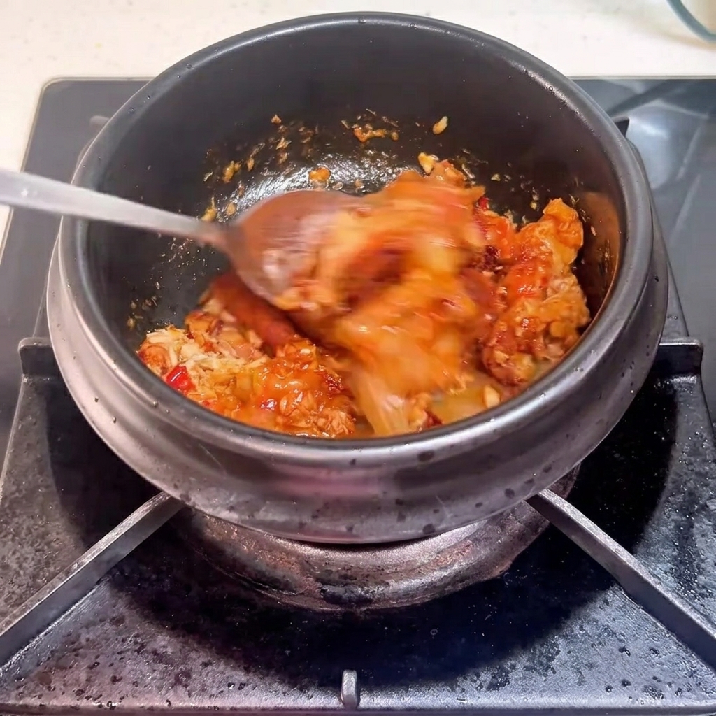 Une cuillère en métal ajoutant de la poudre de piment rouge dans le pot.