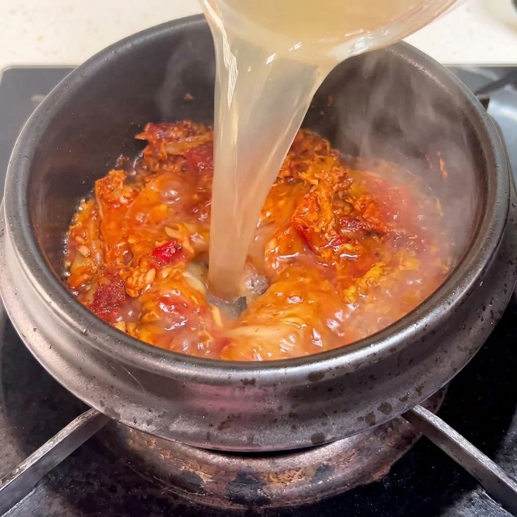 Bouillon versé dans le caquelon contenant le mélange de thon et de kimchi.