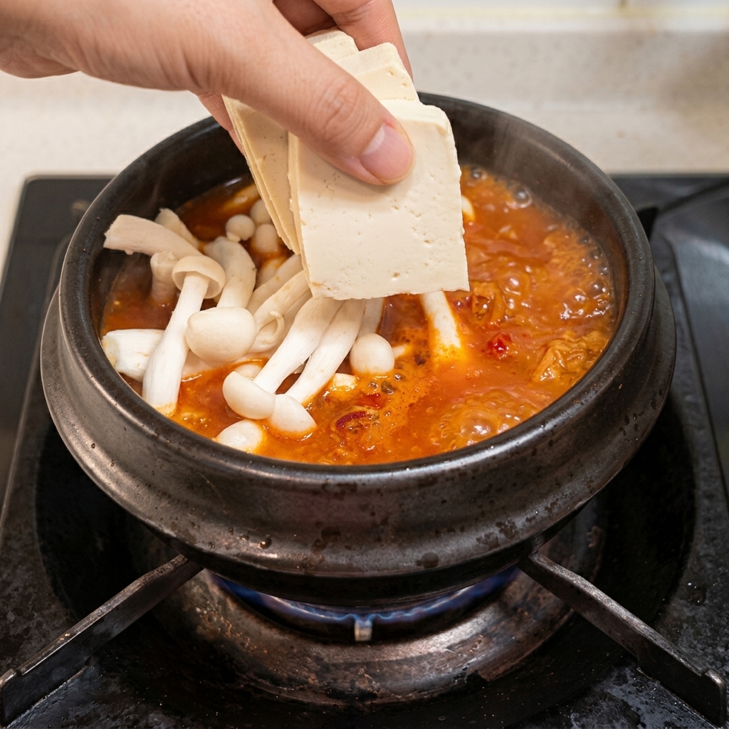 Tranches de tofu blanc ajoutées à la soupe bouillonnante avec les champignons.