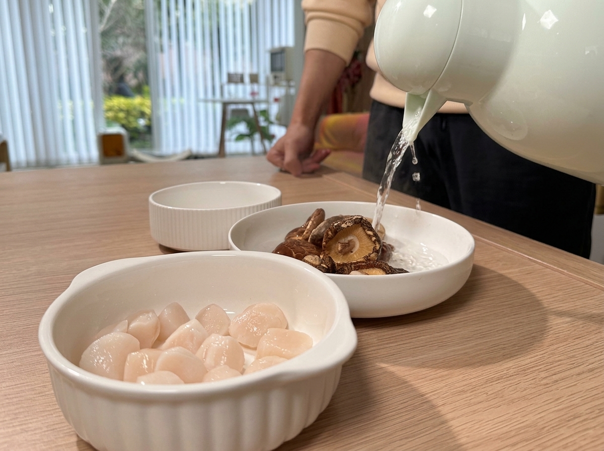 Deux petits bols blancs sur une table en bois, lun rempli de champignons shiitake séchés dans leau et lautre de pétoncles séchés, avec quelquun versant de leau.