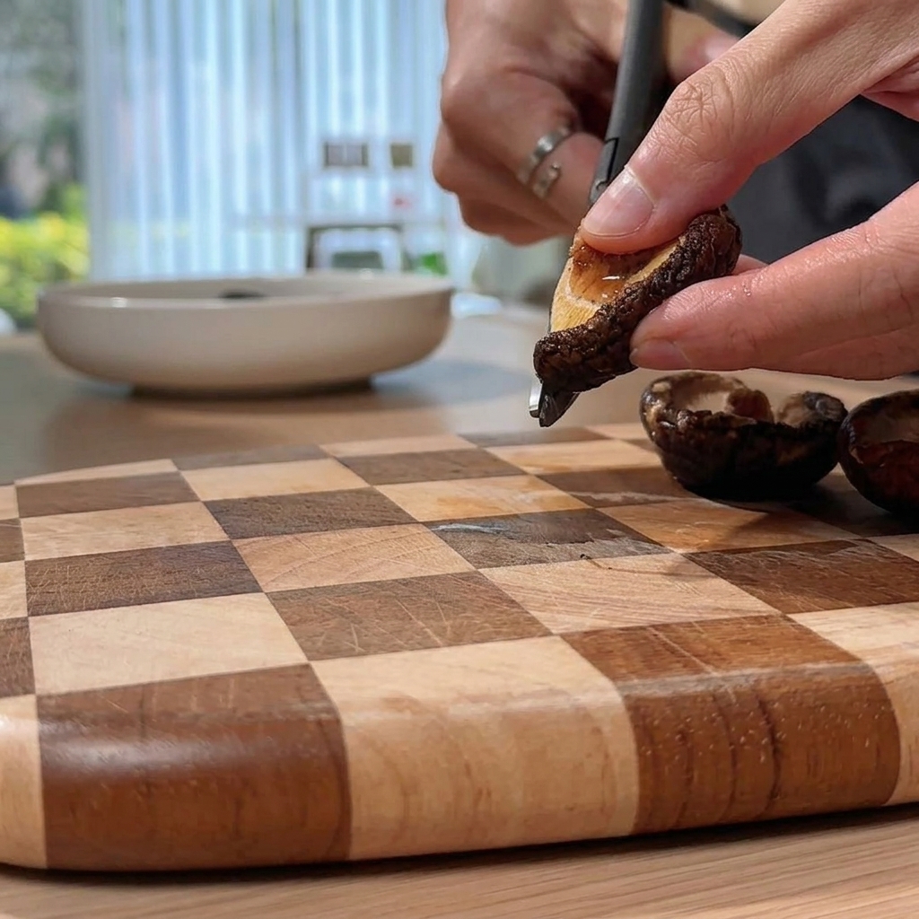 Des ciseaux de cuisine coupant un champignon shiitake réhydraté sur une planche à découper en bois.