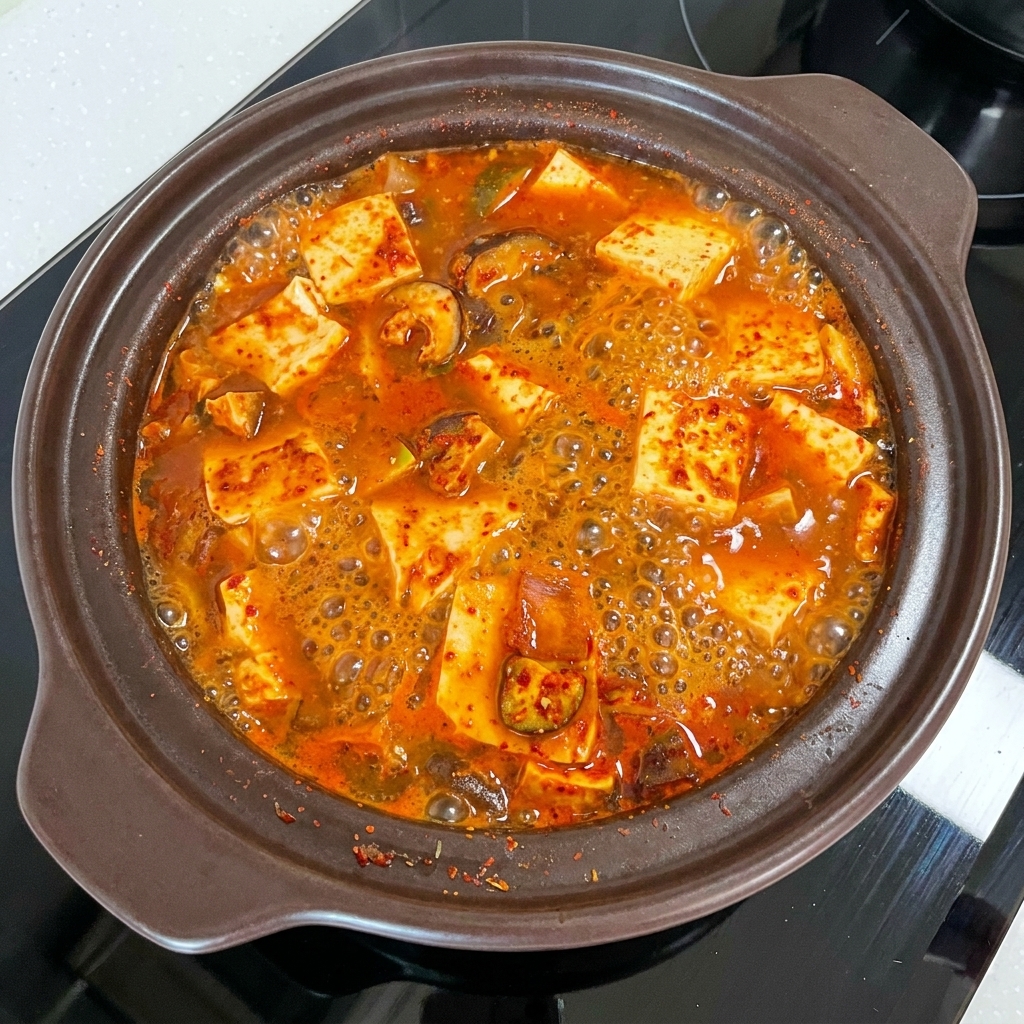Bok choy et tranches de piment ajoutés au bouillon bouillonnant.