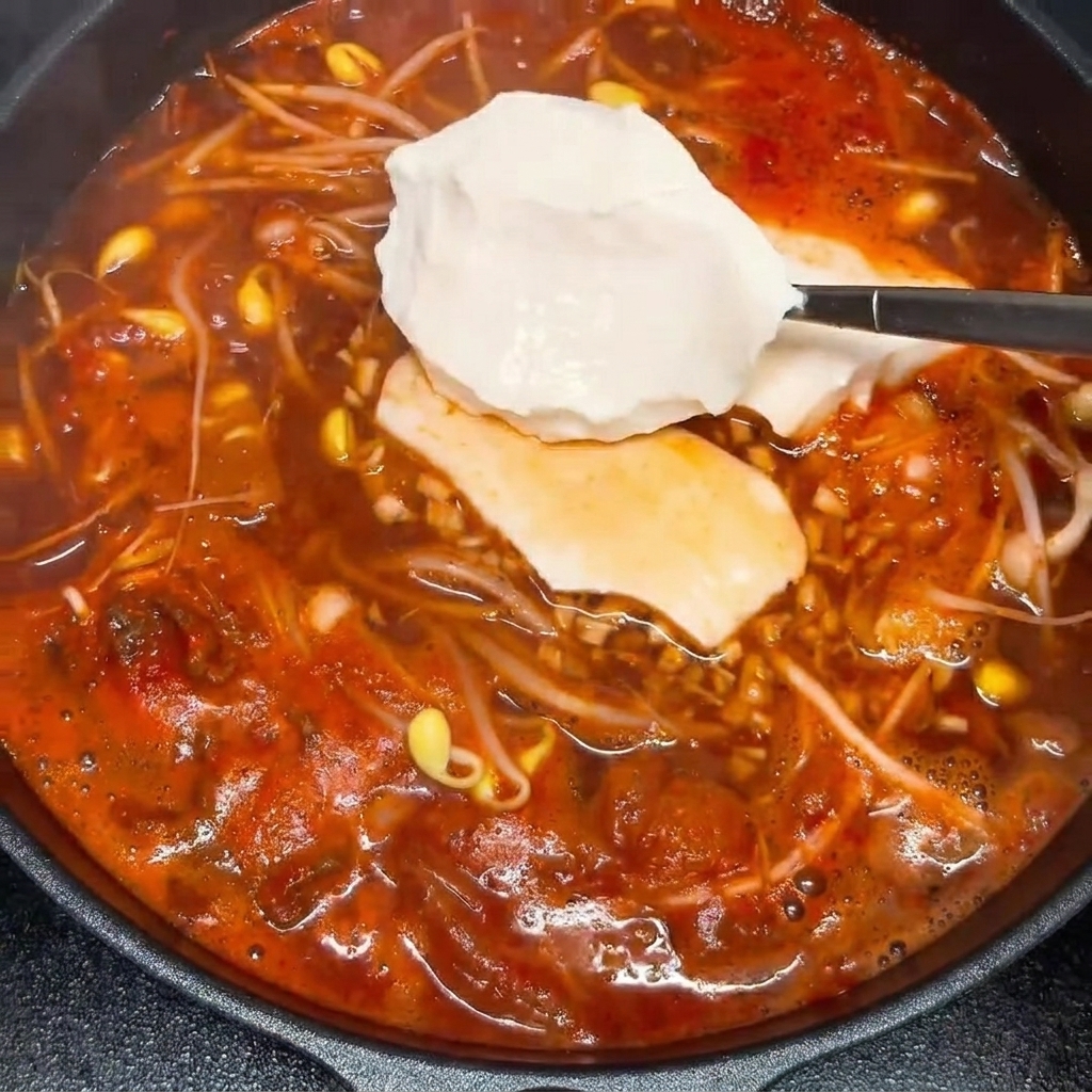 Un gros morceau de tofu soyeux placé dans une soupe épicée frémissante.