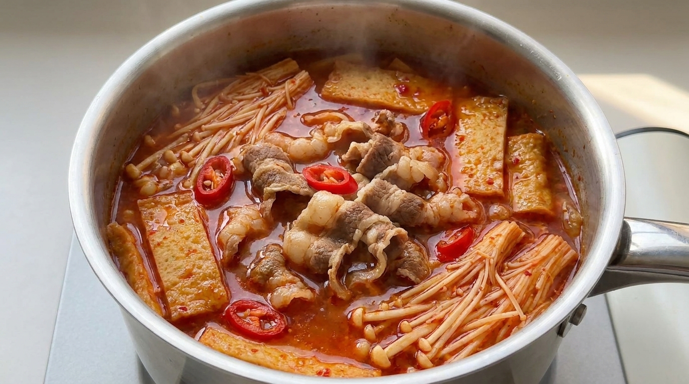 Soupe Kimchi coréenne au bœuf et champignons enoki