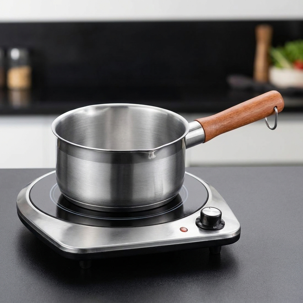 Une petite casserole en inox sur une plaque à induction contenant de loignon rouge, de loignon vert et de lail sautés.
