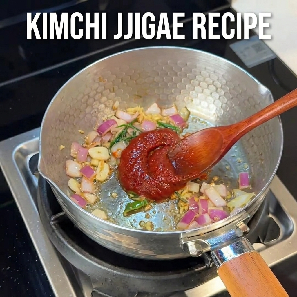Gros plan sur le kimchi incorporé aux aromates sautés dans la casserole avec une cuillère en bois.