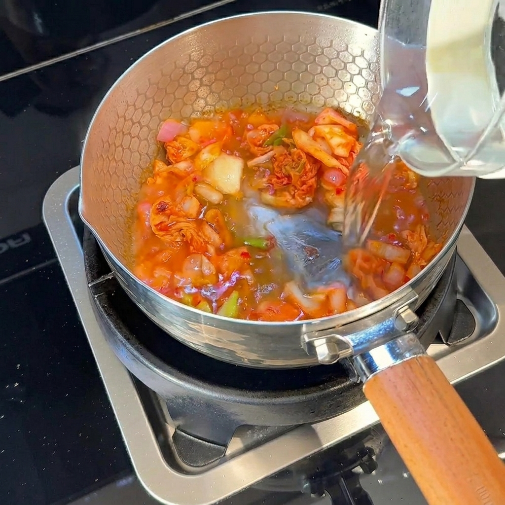 De leau versée dans la casserole avec la base de kimchi sauté.