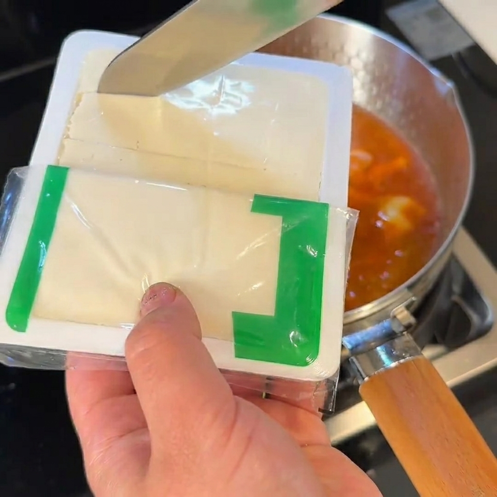 Du tofu coupé en dés et ajouté dans le ragoût de kimchi bouillonnant.