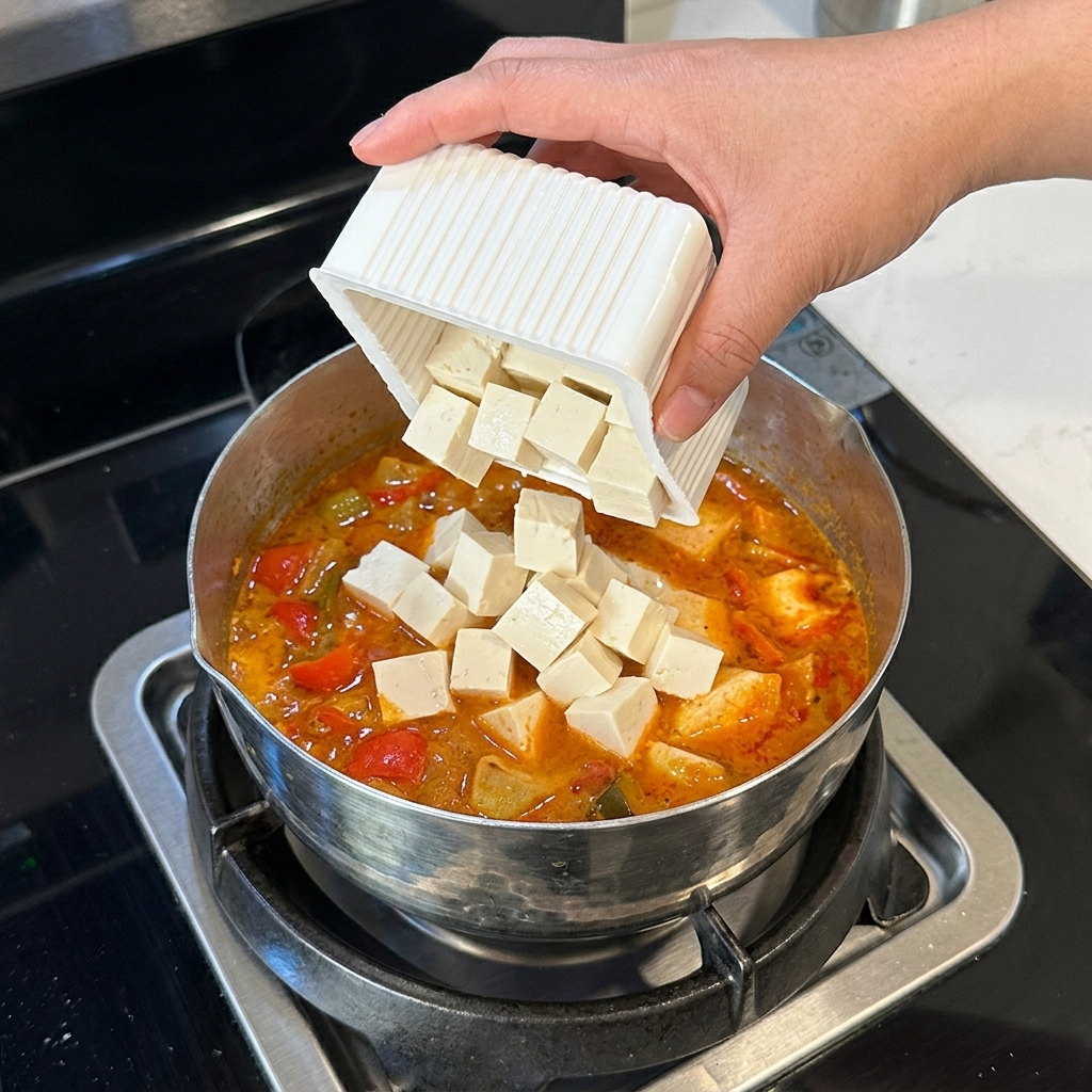 Tranches de champignon eryngii et morceaux de piment vert ajoutés dans la casserole.