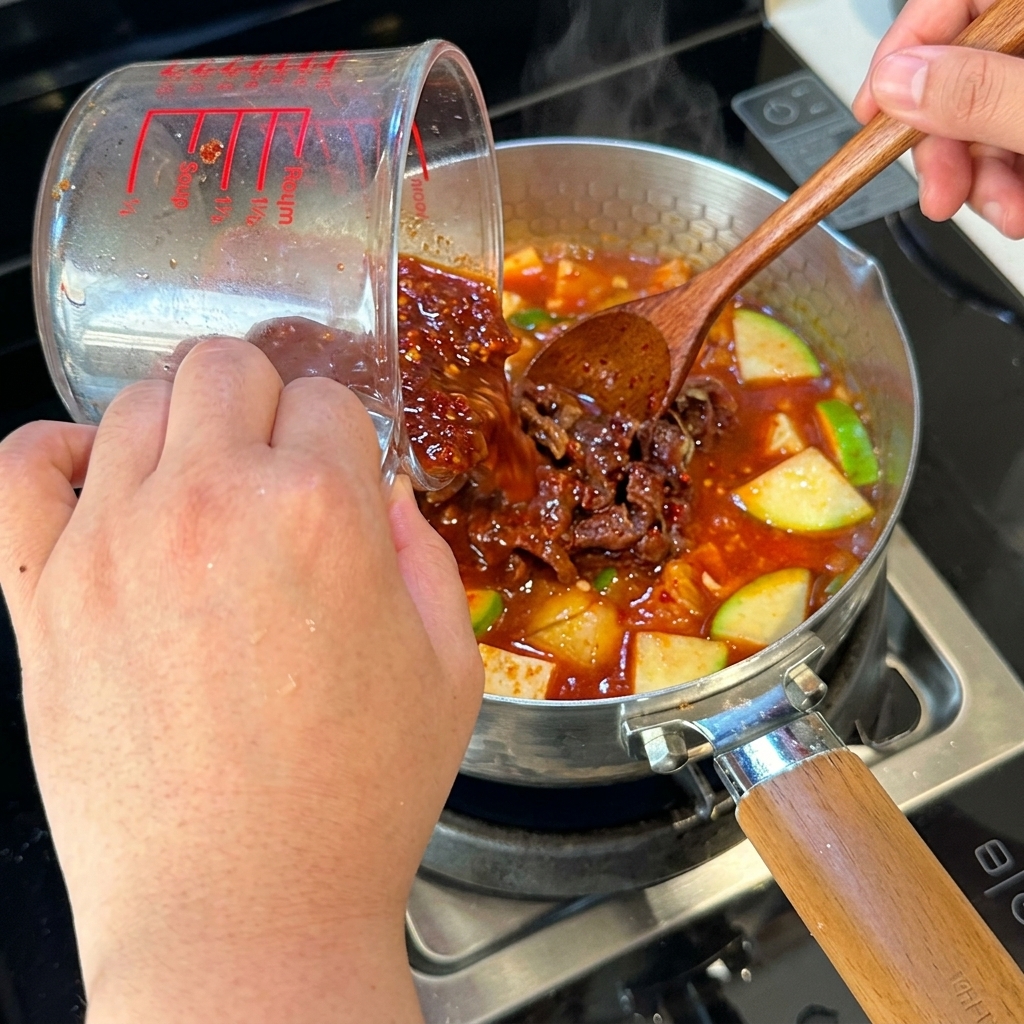 Morceaux de bœuf mariné ajoutés dans un ragoût de kimchi frémissant avec des légumes.