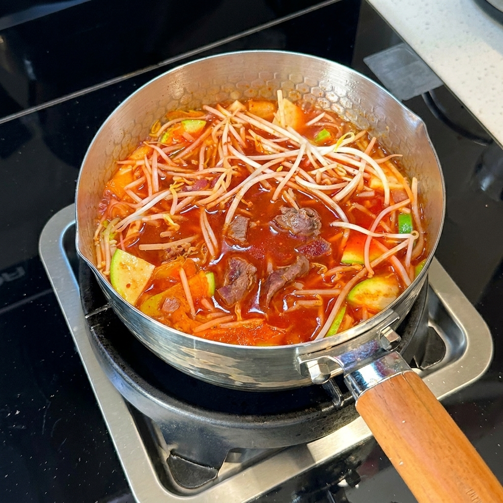 Pousses de soja fraîches incorporées dans une casserole bouillonnante de ragoût de kimchi au bœuf.