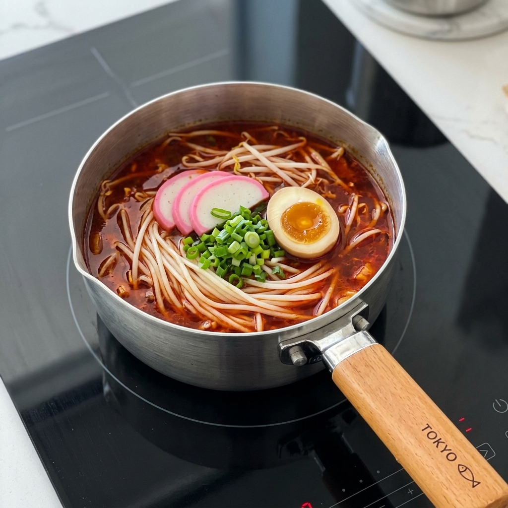 Un œuf cru cassé au centre dun ragoût de kimchi et tofu coréen épicé et frémissant.