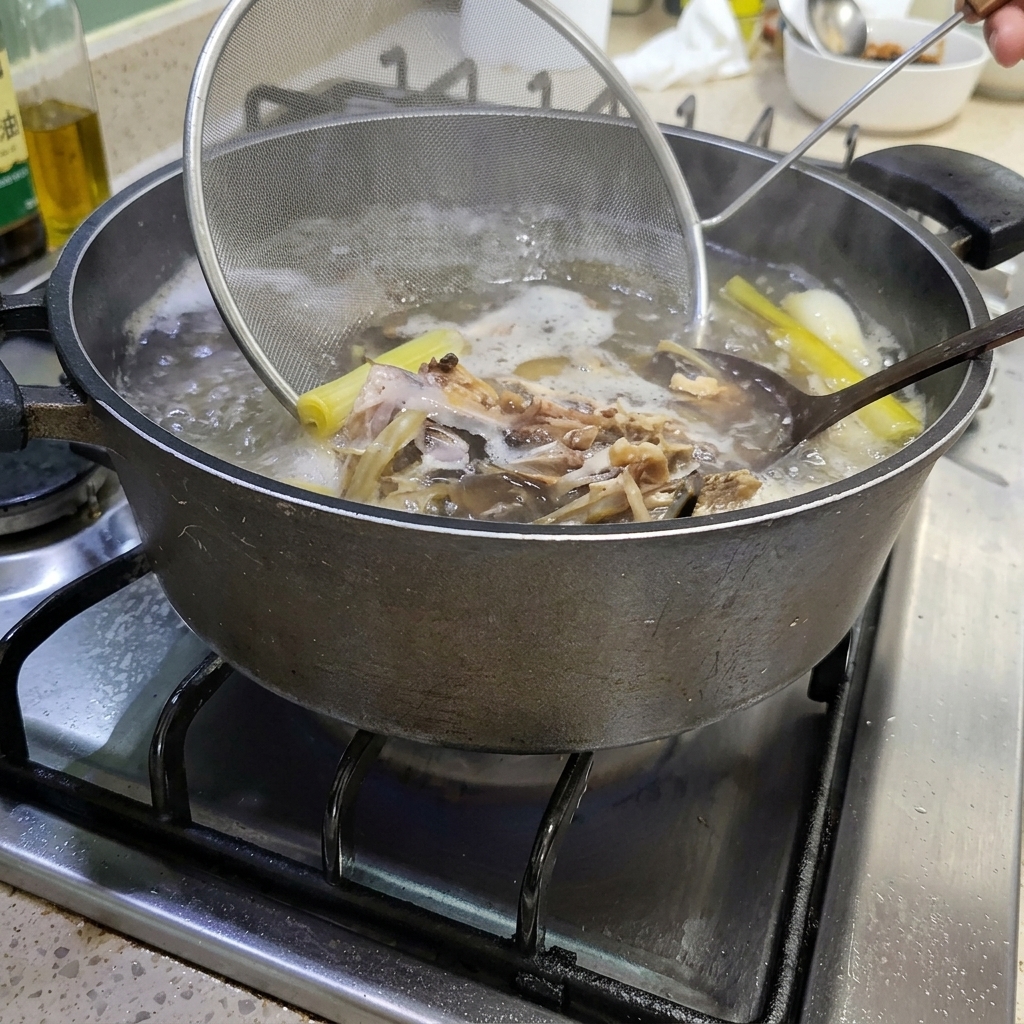 Une écumoire retirant les aromates et la tête de poisson de la marmite.
