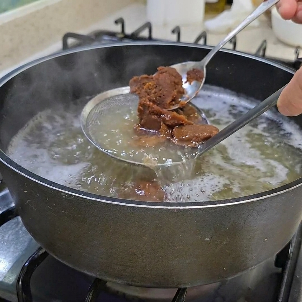 Deux cuillères de pâte de soja brune incorporées au bouillon clair.