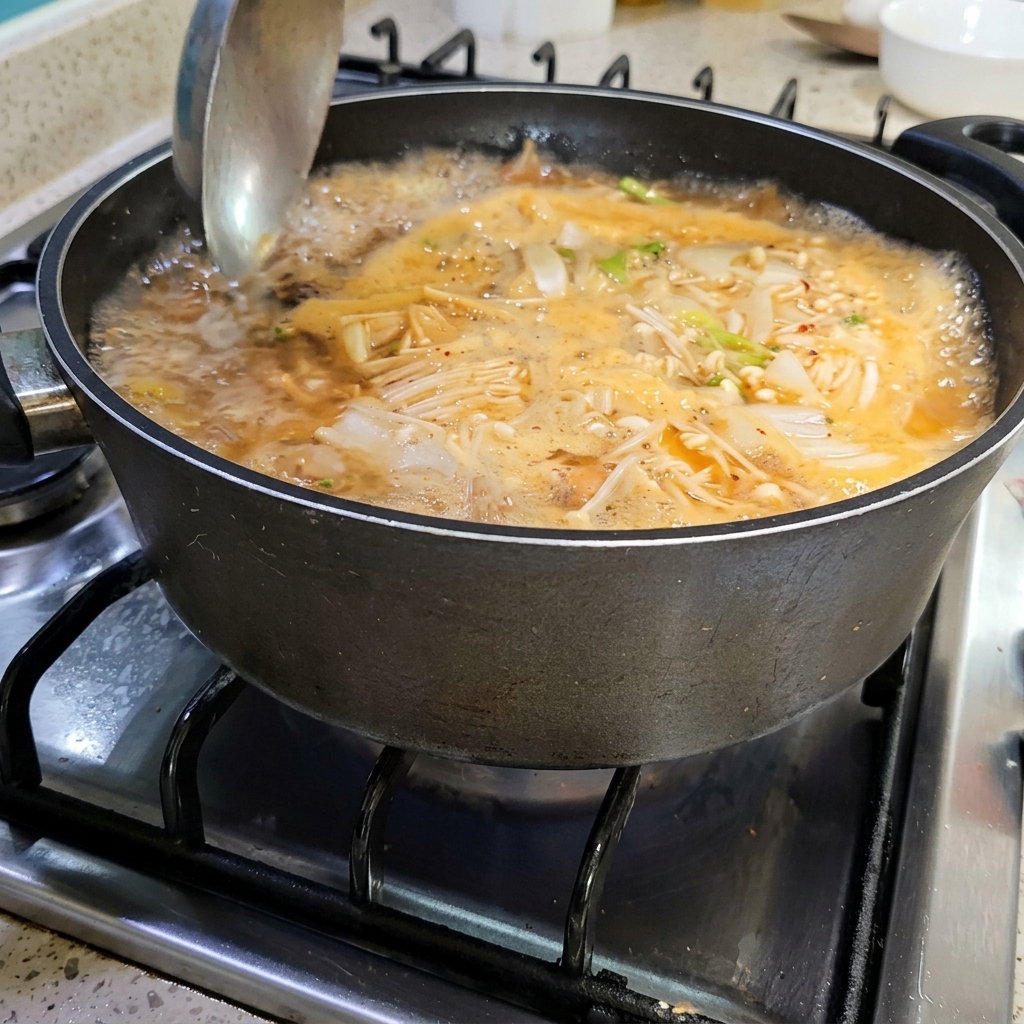 Une louche retirant la mousse à la surface du Doenjang Jjigae.