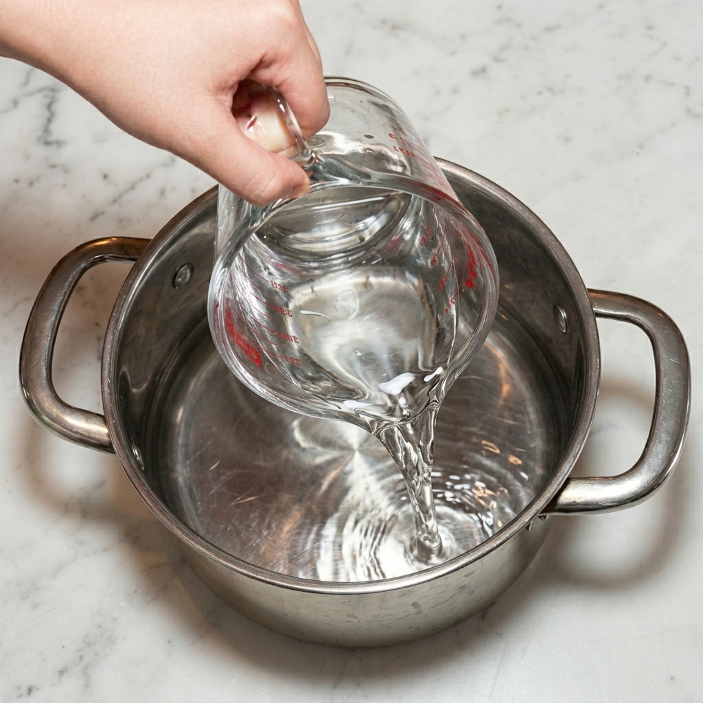 Eau versée depuis un verre doseur dans la casserole contenant les ingrédients.