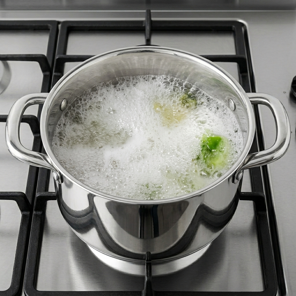 Casserole de bouillon frémissant doucement sur la cuisinière.