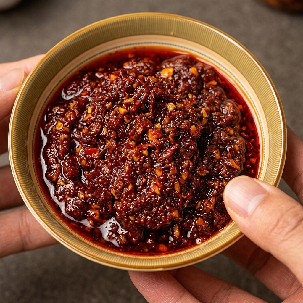 Une sauce rouge épicée versée à la cuillère sur des filets de cabillaud crus.