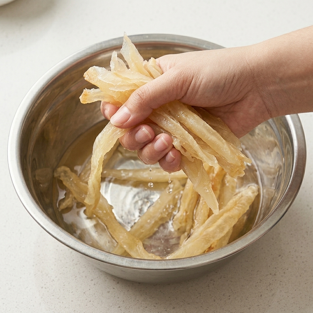 Mains pressant leau hors des lanières de colin réhydratées au-dessus dun bol.