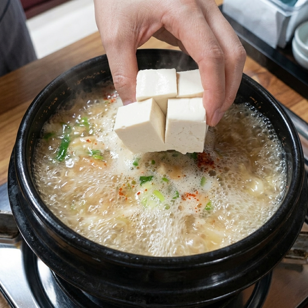 Des tranches de tofu soyeux délicatement ajoutées au ragoût de pâte de soja bouillonnant.