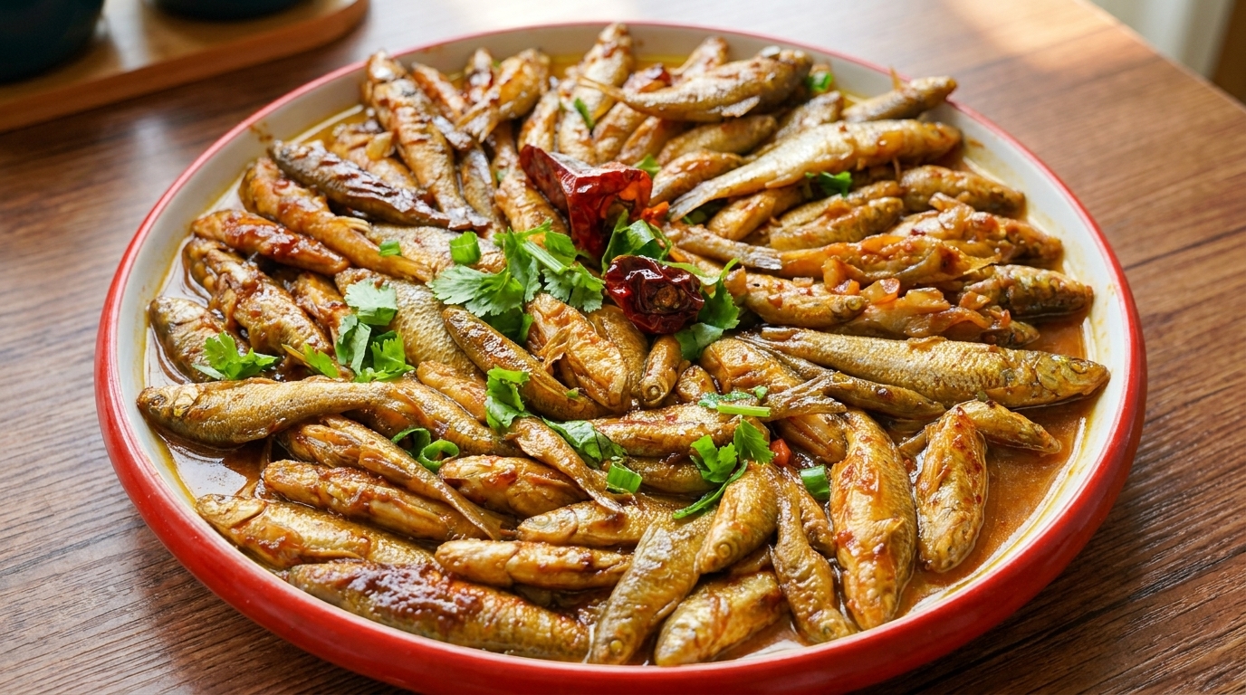 Petits poissons de rivière braisés à la sauce