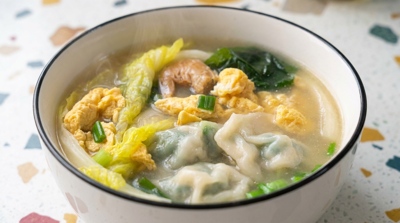 Soupe savoureuse aux raviolis et œufs brouillés
