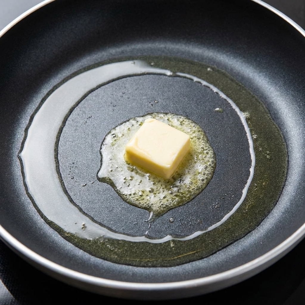 Pains à burger dorés dans une poêle beurrée.