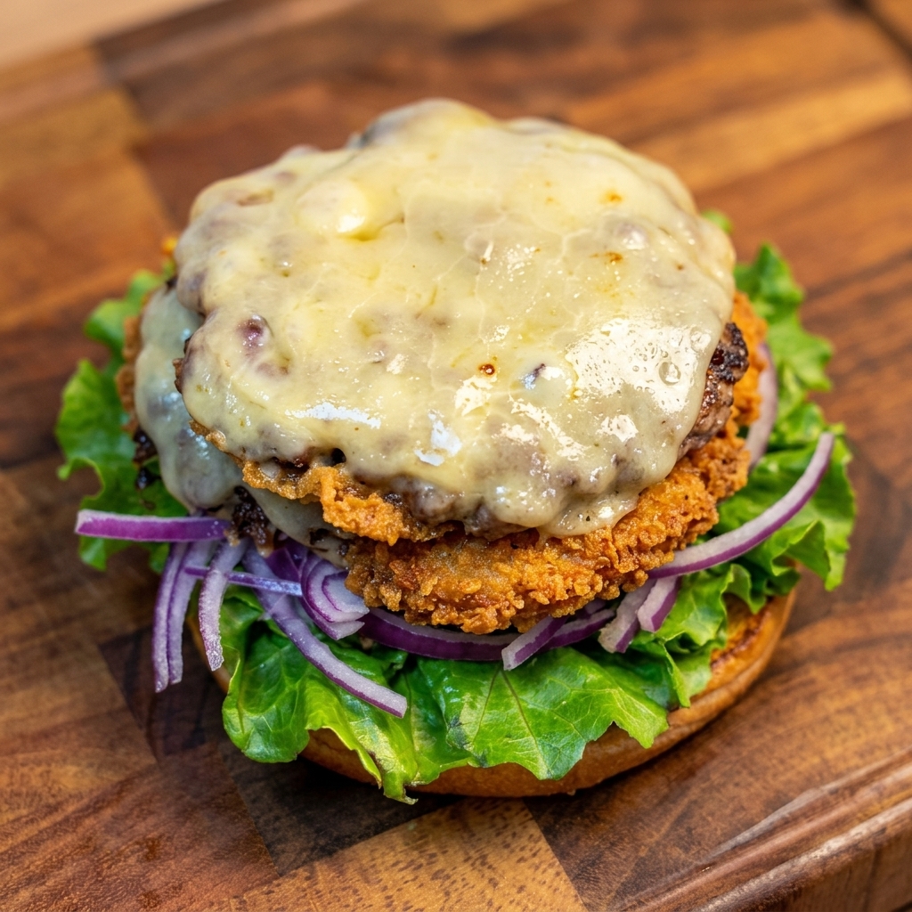 Steak de bœuf juteux avec fromage fondu ajouté sur la base du burger.