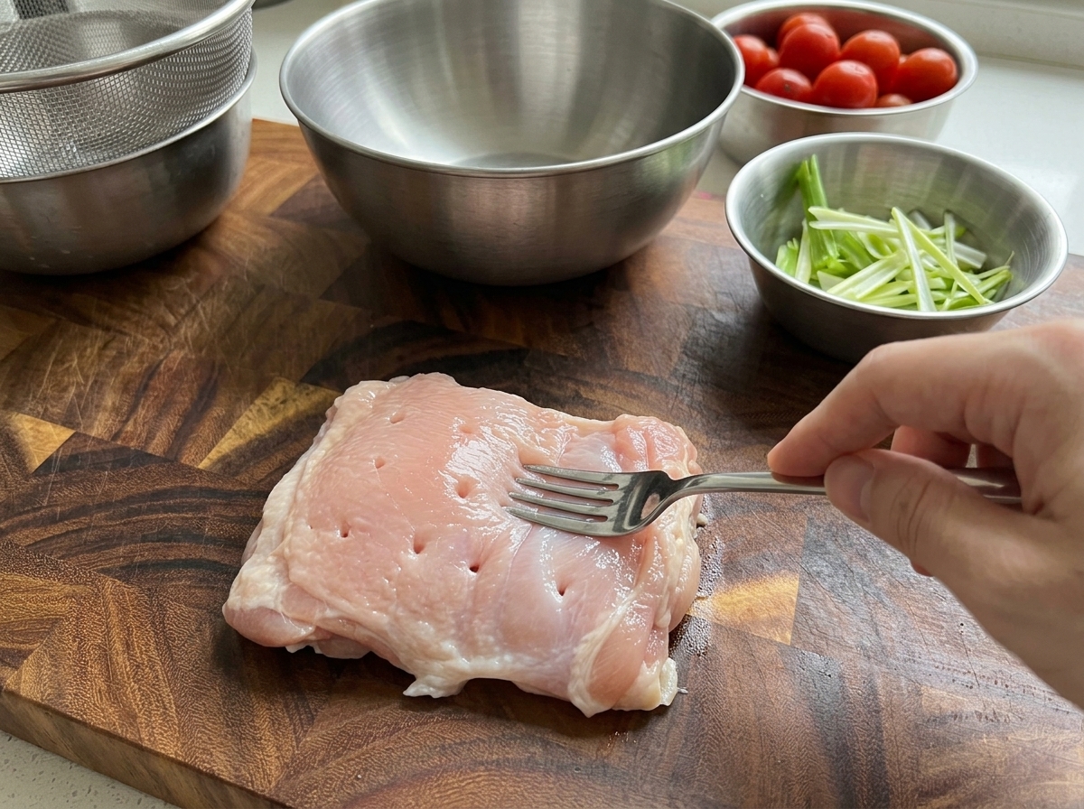 Morceaux de poulet dans un bol en métal avec du gingembre, de la ciboule, de la sauce soja, du miel et du piment en poudre.
