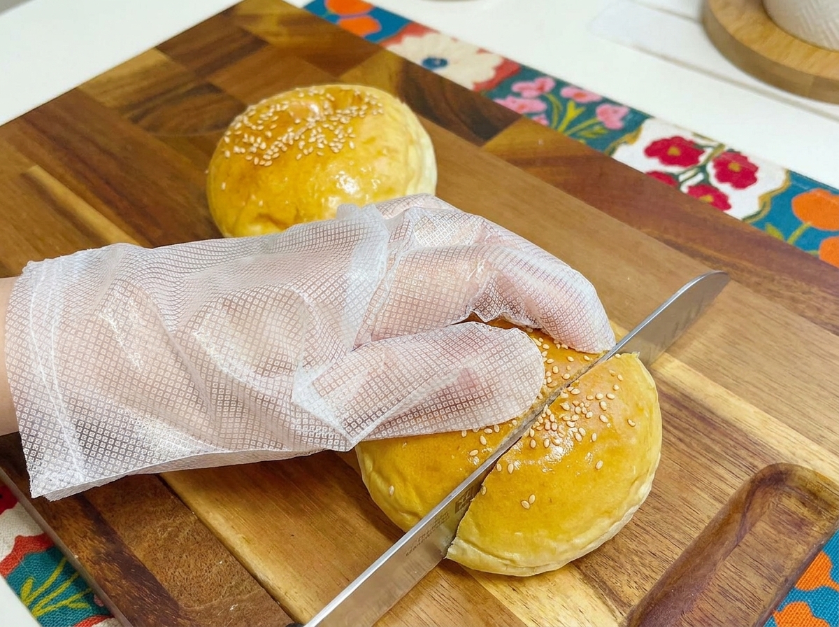 Un pain à burger tranché reposant sur une planche en bois.