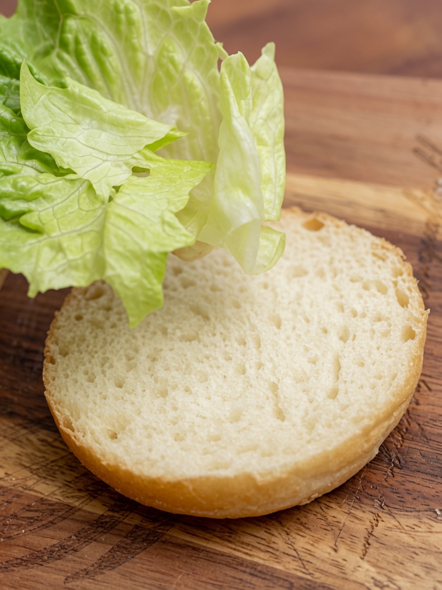 Feuilles de laitue verte fraîche placées sur la moitié inférieure dun pain à burger.