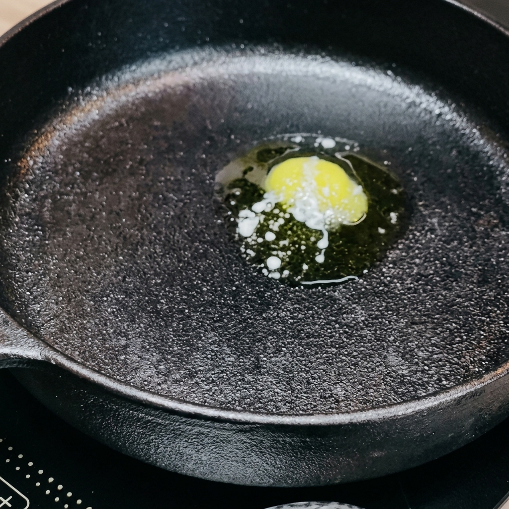 Beurre fondant dans une poêle chaude avec des morceaux de cuisse de poulet marinés ajoutés.