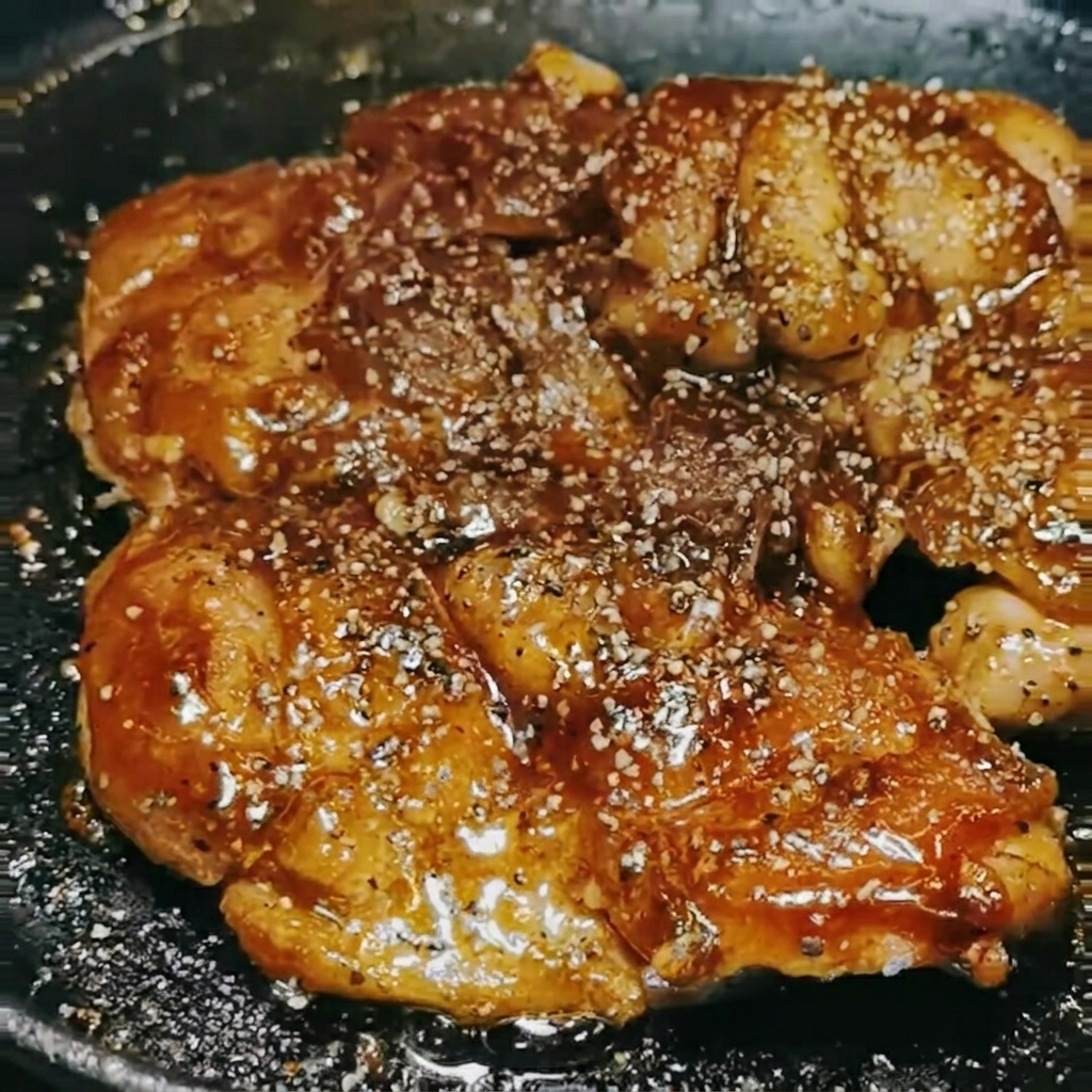 Morceaux de poulet glacés cuits dans une poêle, agrémentés de poivre noir fraîchement moulu.