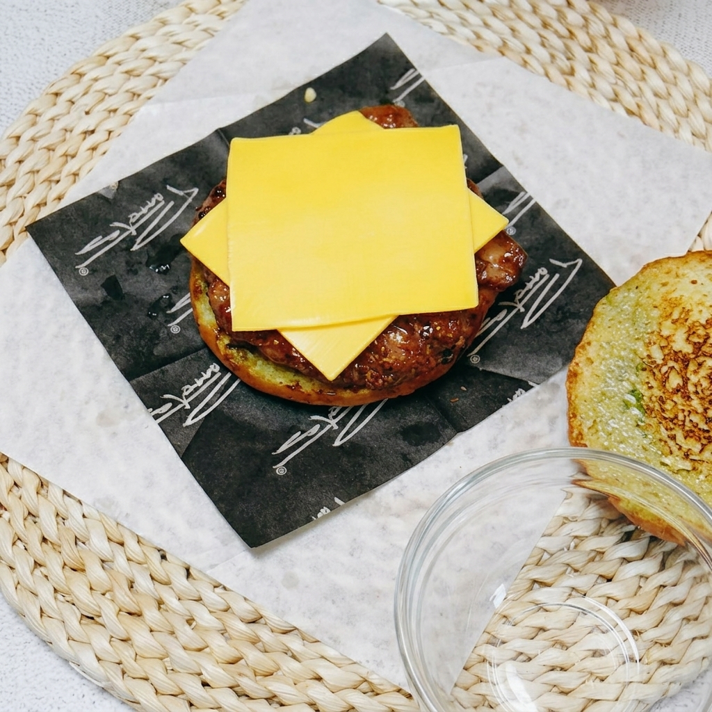 Empilement de fromage, concombre, cornichons, œuf au plat et tomate sur le burger au poulet.