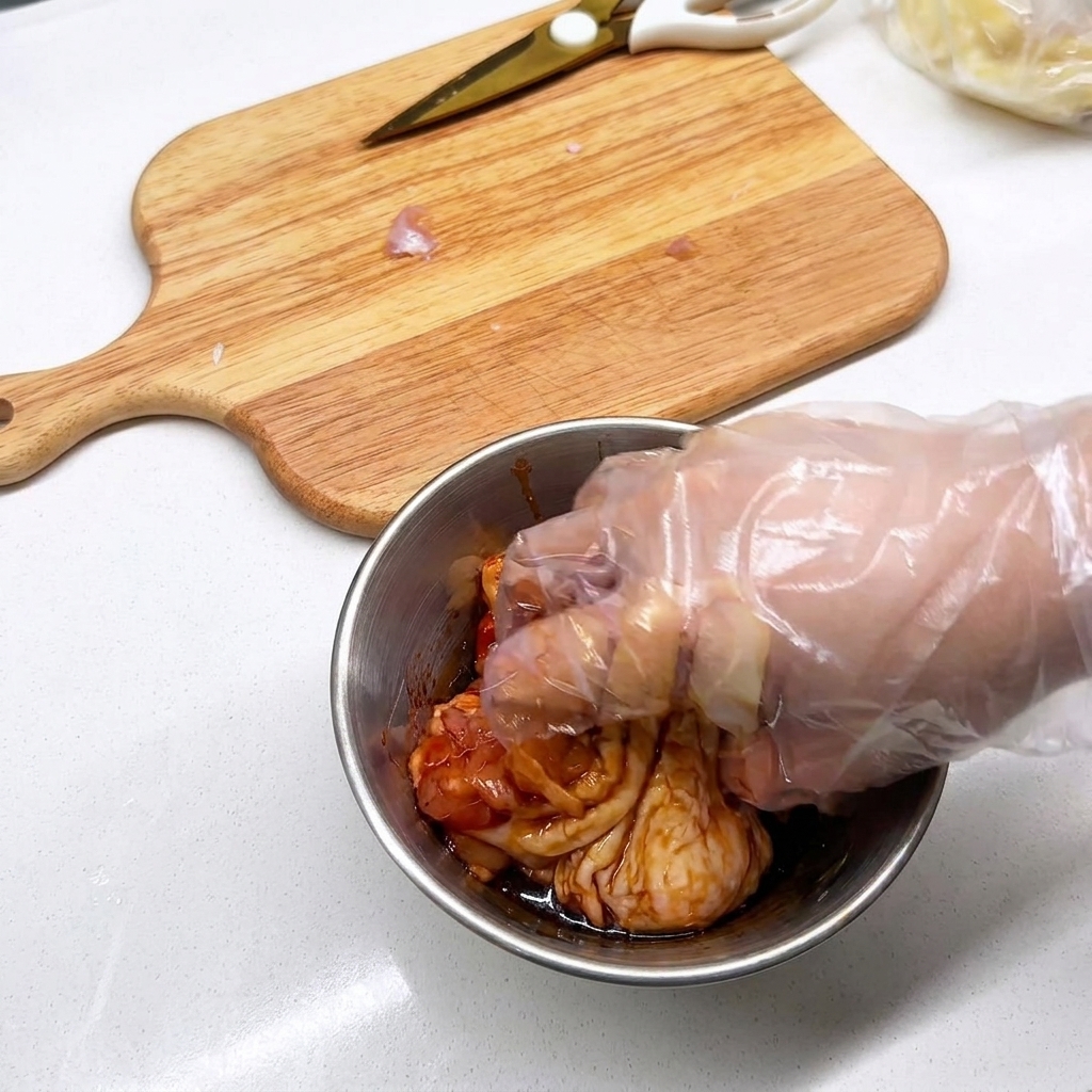 Une main gantée mélangeant les morceaux de poulet avec la marinade et les aromates dans un bol en métal.