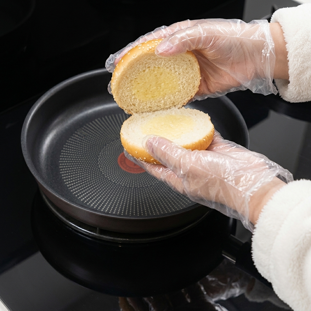 Deux moitiés de pain à burger dorent dans une poêle antiadhésive avec du beurre fondu.