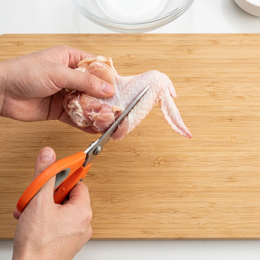 Gros plan sur des mains utilisant des ciseaux de cuisine pour retirer los dun haut de cuisse de poulet cru sur une planche en bois.