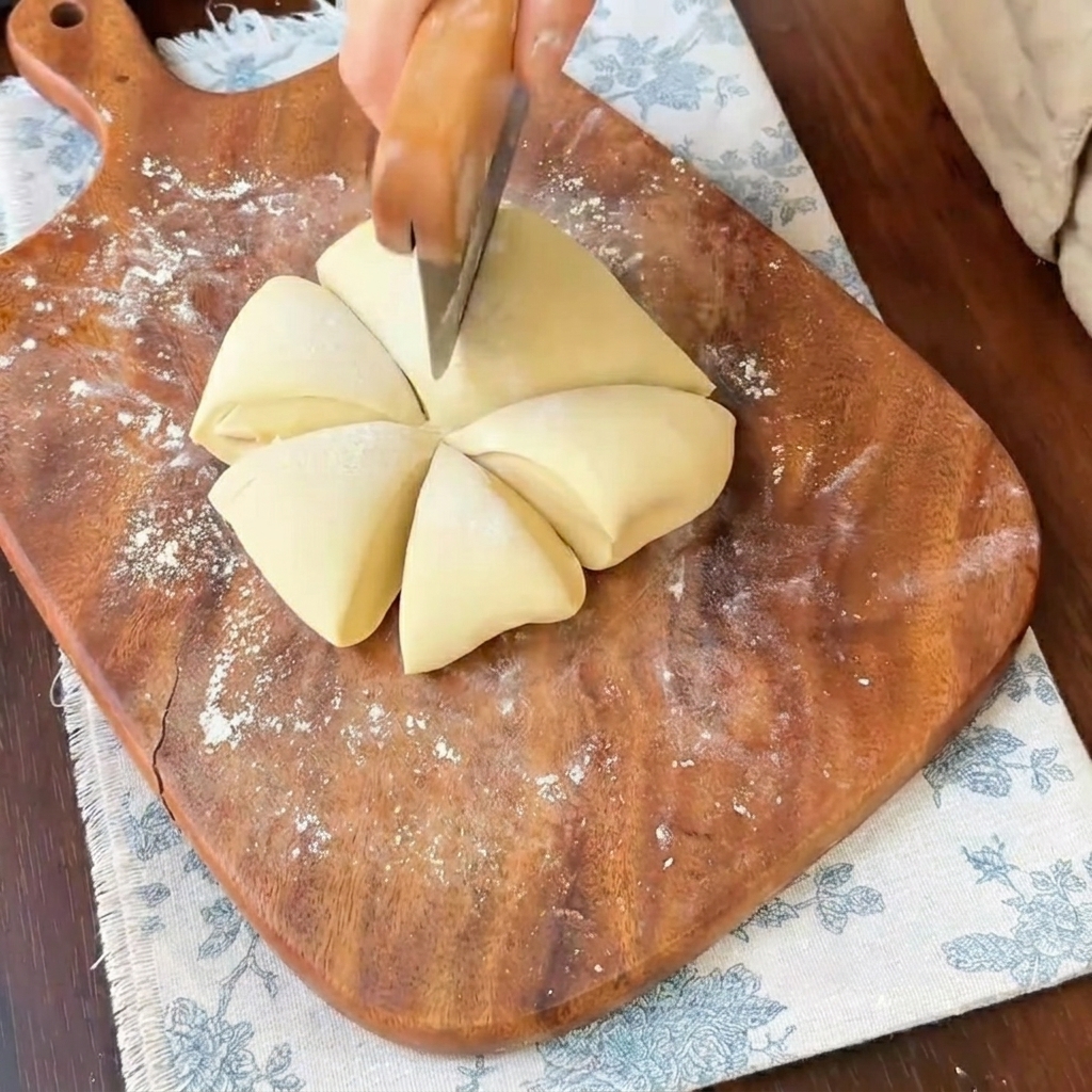 Six portions de pâte préparée étant coupées et séparées sur une planche à découper en bois.