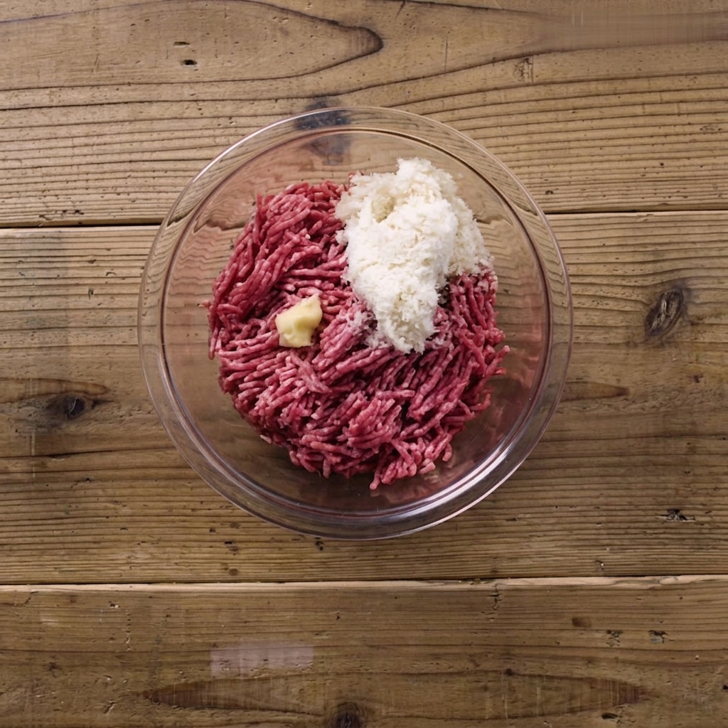 Un grand bol contenant de la viande hachée, un œuf cru et de la chapelure imbibée.