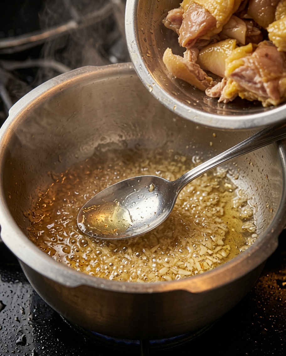 Morceaux de poulet blanchis ajoutés dans la marmite avec le gingembre et lail sautés.