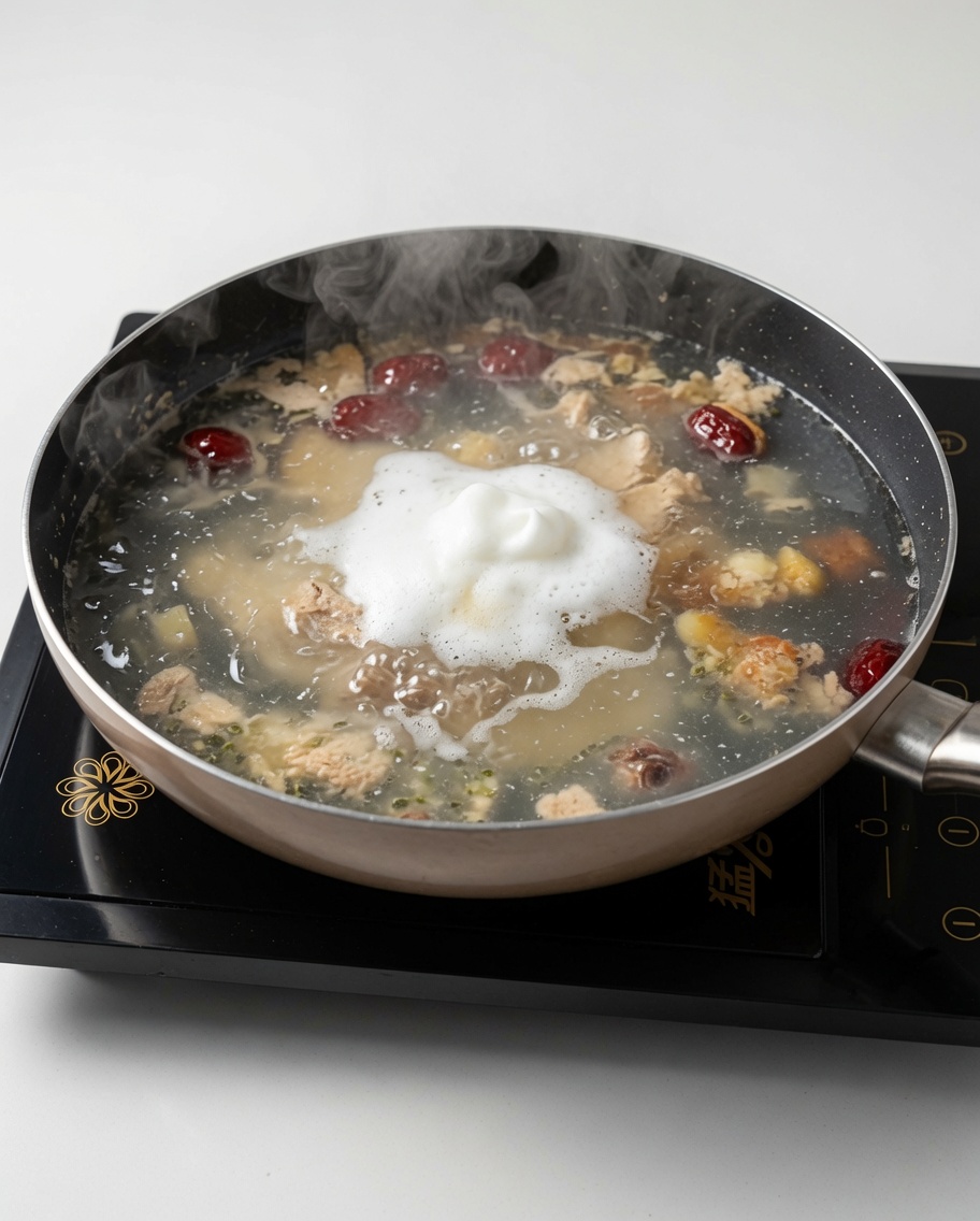 Une louche retirant lécume blanche à la surface de la soupe de poulet bouillante.