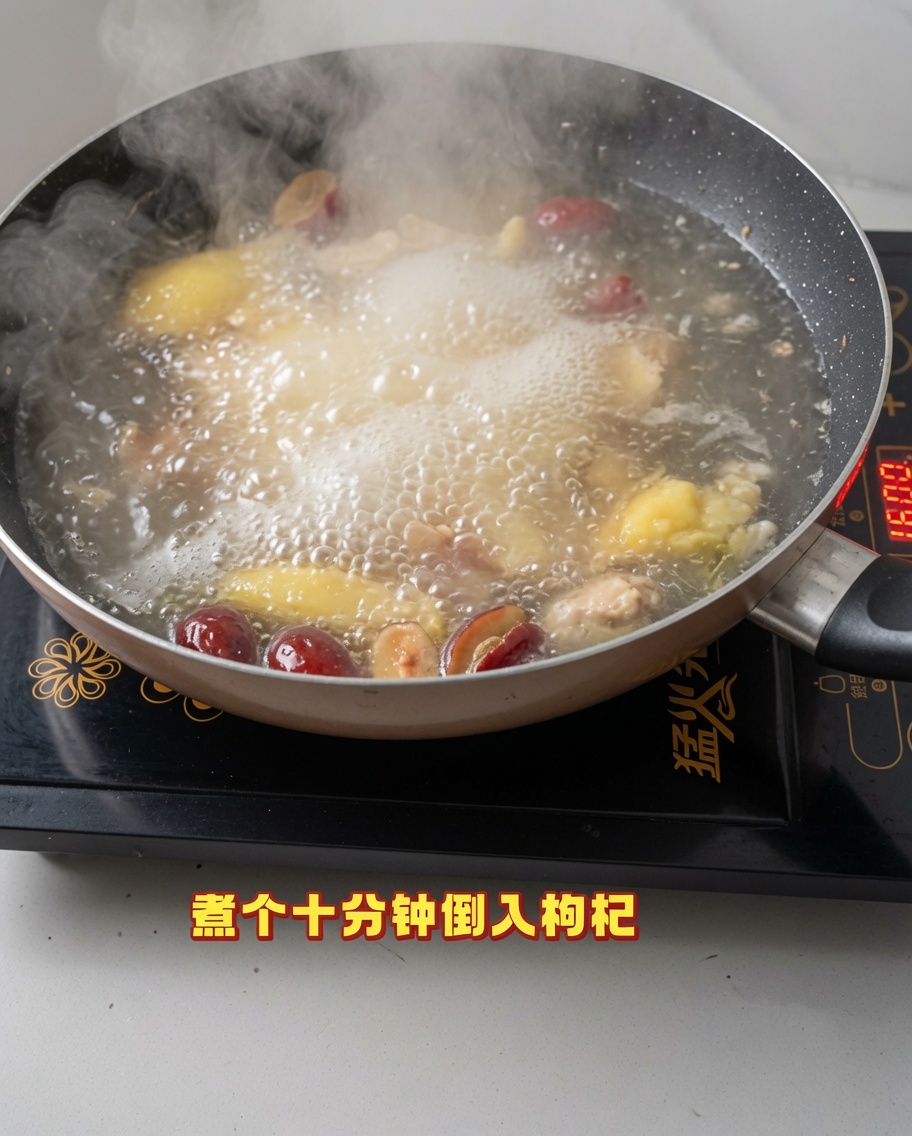 Baies de goji séchées saupoudrées dans la soupe au poulet bouillante.