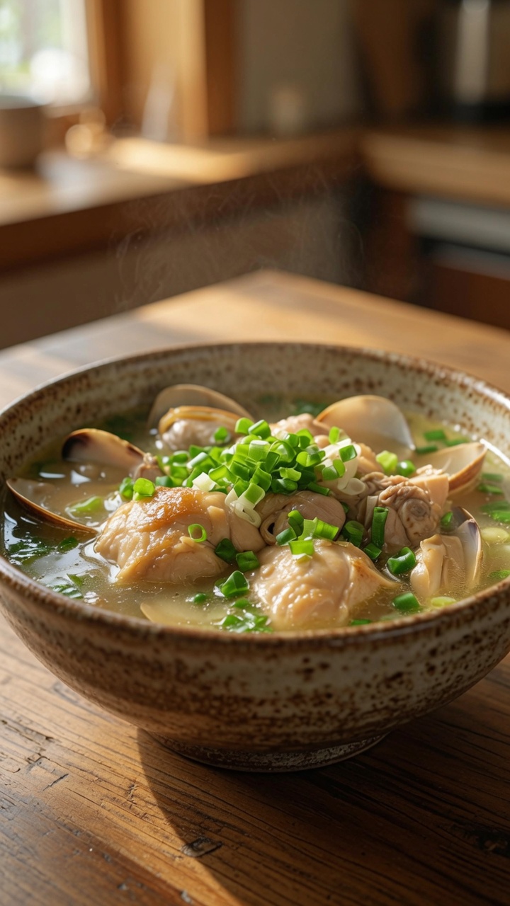 Soupe de poulet aux palourdes et oignons nouveaux salés