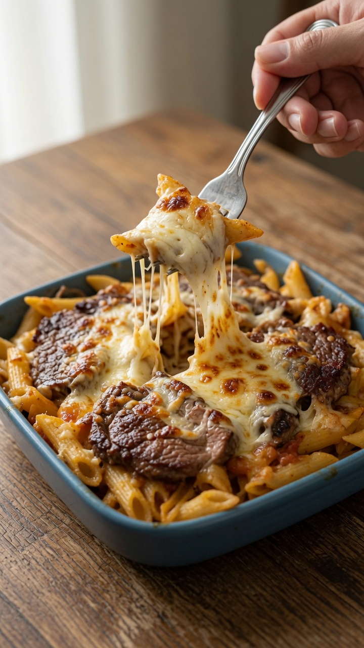 Pennes au four, steak de filet et fromage fondant