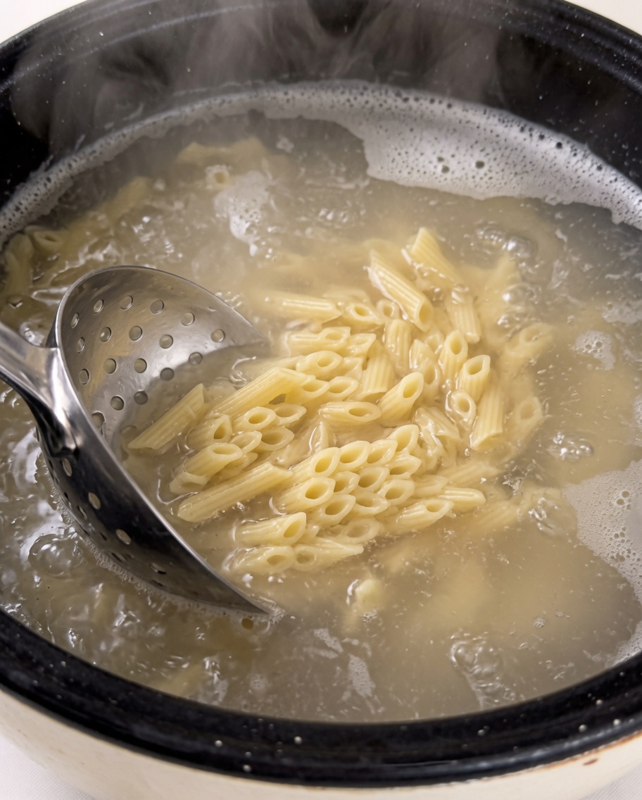 Pâtes penne remuées dans leau bouillante avec une écumoire en métal.