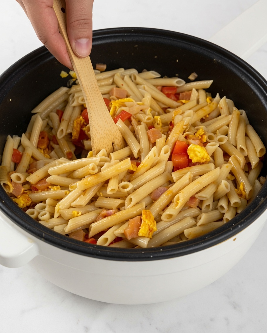 Une poêle avec des penne mélangées à des poivrons rouges, de la viande et des œufs brouillés, remuée avec une cuillère en bois.